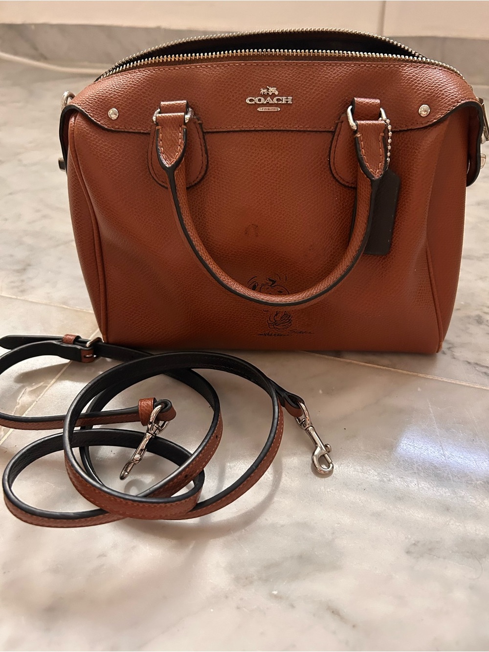 Coach Snoopy mini Benet Tan/Brown Pebbled Crossbody Satchel